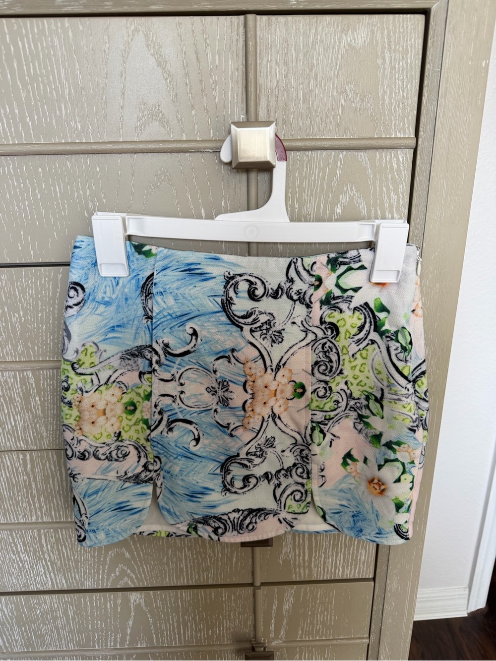 Floral Baroque Mini Skirt in Light Blue & Cream